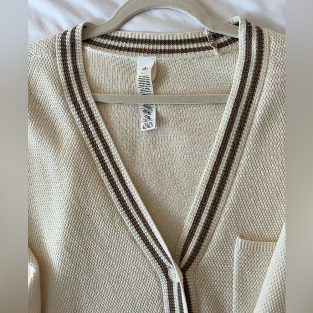ALO Yoga Cream Knit Cardigan with Taupe Trim - Picture 5 of 8